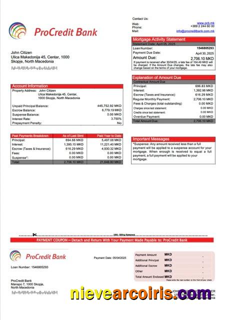 North Macedonia ProCredit Bank mortgage statement Word and PDF template